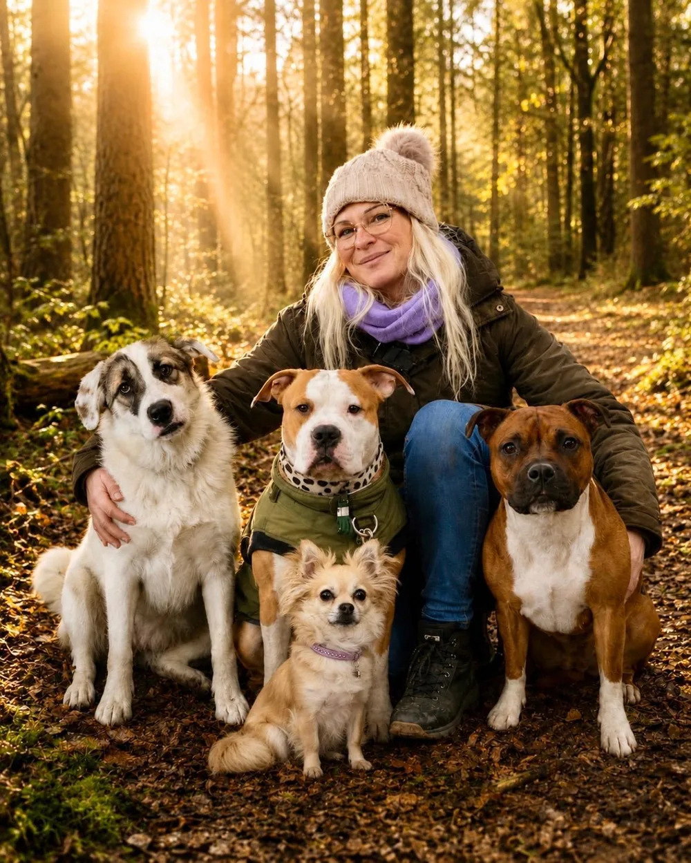 Sandra kniet mit ihren vier Hunden auf einem Waldweg im Abendlicht