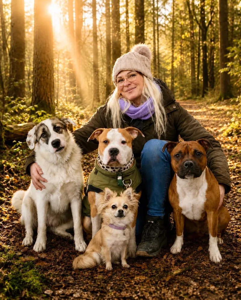 Sandra sitzt mit ihren vier Hunden im herbstlichen Wald