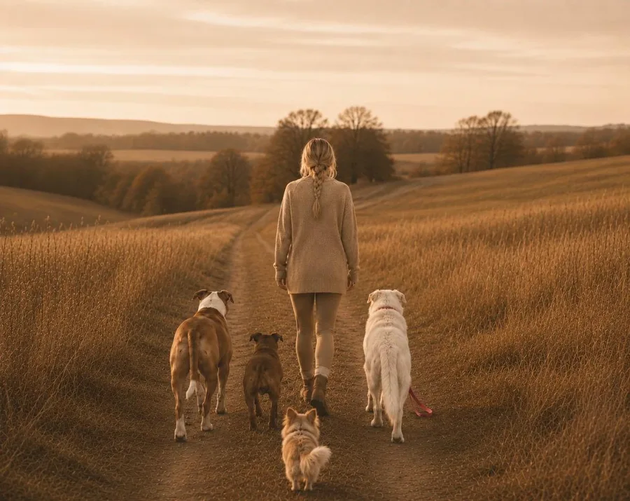 Sandra spaziert mit ihren Hunden über einen Feldweg in der Abendsonne