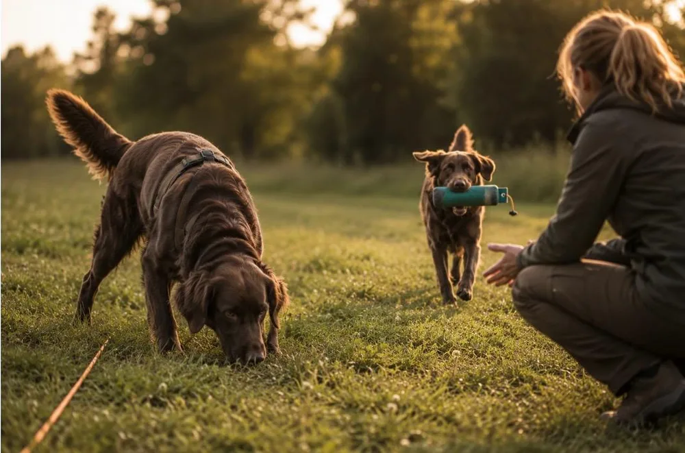Zwei Hunde beim Dummytraining auf der Wiese – einer sucht, einer bringt den Dummy zurück