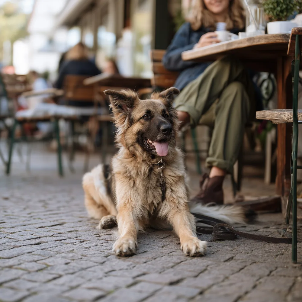 Hund liegt entspannt an der Leine neben seinem Menschen im Straßencafé