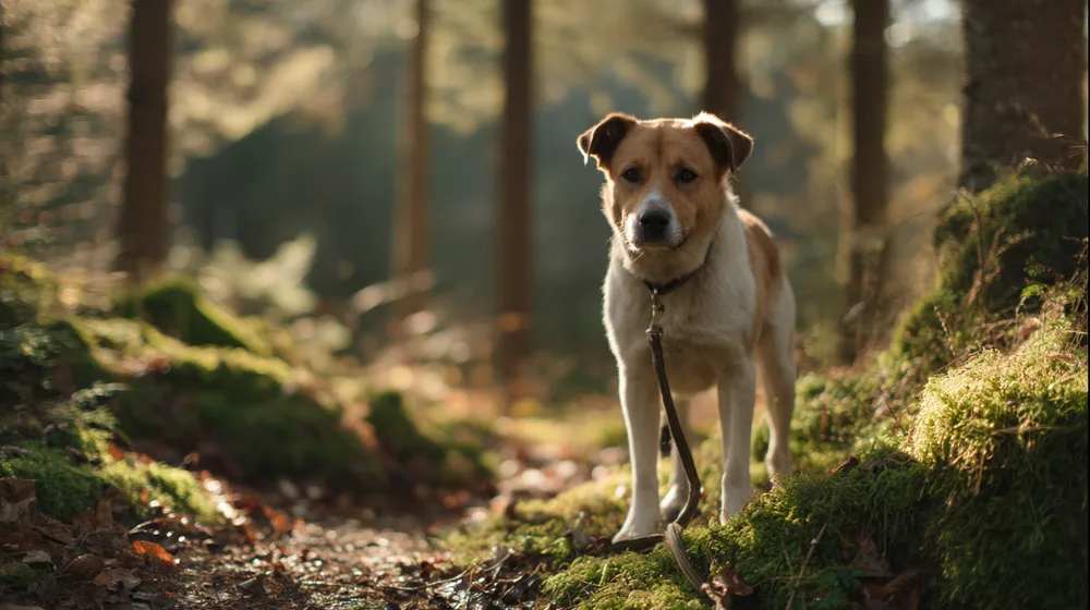 Hund steht aufmerksam an der Schleppleine auf einem Waldweg