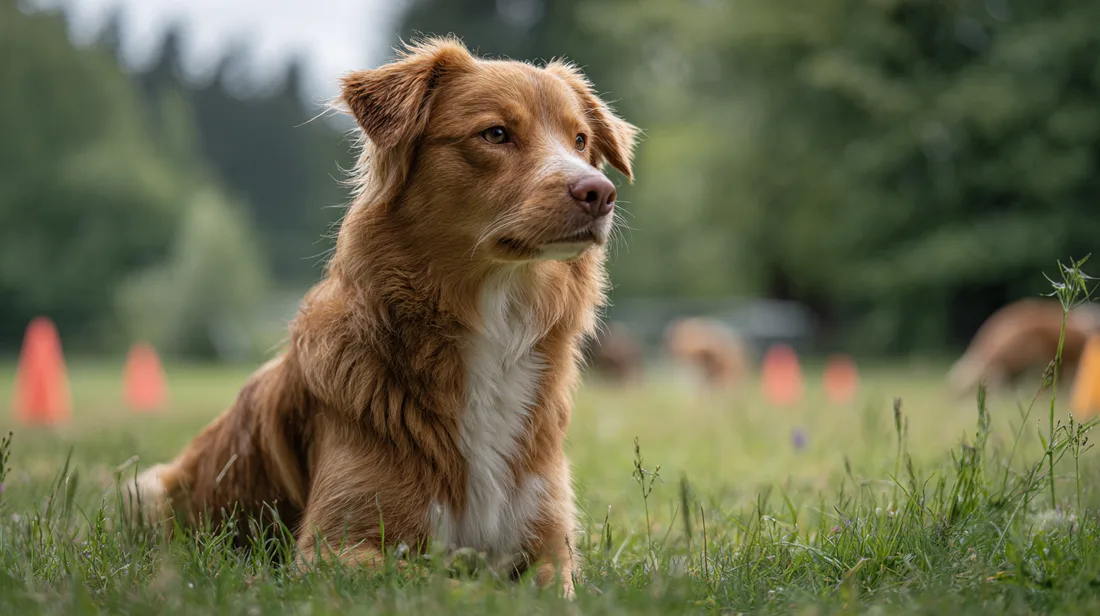 Hund konzentriert auf einer Wiese im Training