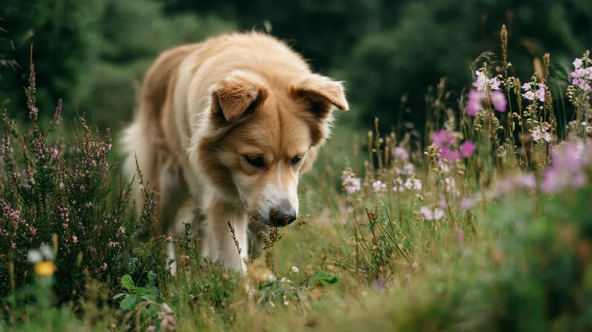 Hund sucht konzentriert mit der Nase in einer Wiese