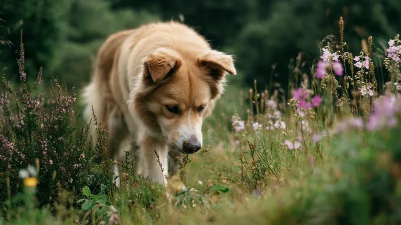Hund sucht konzentriert mit der Nase in einer Wiese