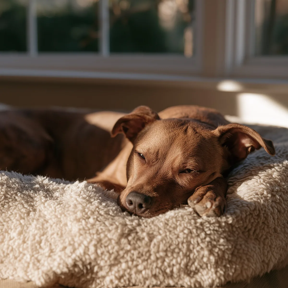 Hund schläft tief entspannt in seinem Körbchen in der Sonne