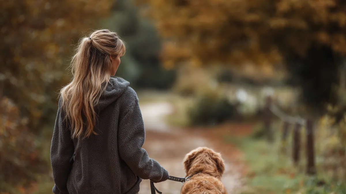 Mensch und Hund gehen als Team über einen herbstlichen Feldweg